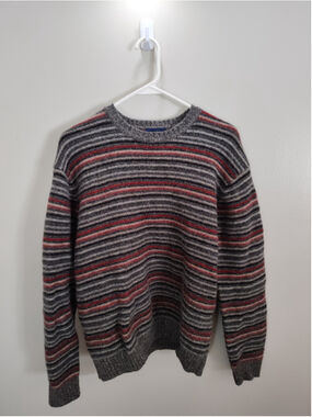 Men's Club Room Crewneck Sweater XL Grey Red Striped Lambswool